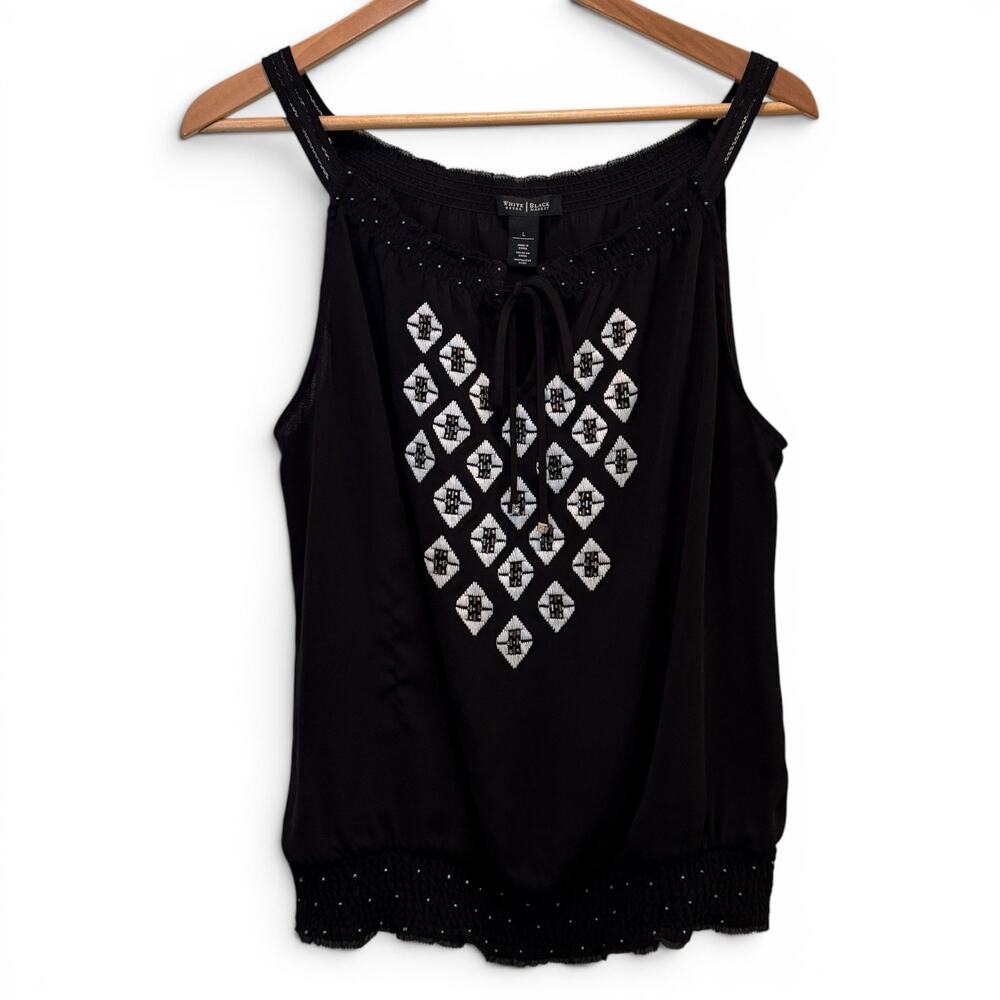 WHBM Black & White Embroidered Tank Top Womens Size L Beaded Boho Brunch Office